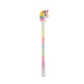 Close-up of cute cartoon unicorn topper and rainbow ink core in a clear plastic pen - Yellow Unicorn