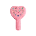 Detailed view of pink plush heart hand mirror decorated with colorful gemstones - Rose Red