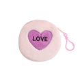 Pink plush round coin purse with glitter heart patch and LOVE embroidery for Valentine gift - Pink
