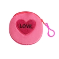 Detailed view of pink plush heart coin purse with LOVE embroidery and hanging hook - Rose Red