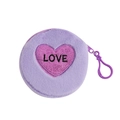 Detailed macro view of purple plush coin purse with glitter pink heart and LOVE embroidery - Purple