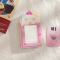 Pink cartoon card holder with cherry charm and clear window on white textured paper - Pink
