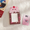 Pink cat-shaped acrylic photo card holder with strawberry dessert design and transparent slot - Brown