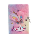 Detail of A5 rainbow faux fur notebook featuring 3D rabbit ears and metal padlock with keys - Tie-dye Multicolor
