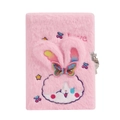 Pink plush A5 notebook with a cute long-eared bunny design and metal security lock - Pink