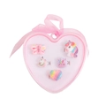 Detailed view of 5-piece cartoon unicorn ring set in a pink heart-shaped gift box - Bee-Heart