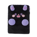 Detail of cute black plush demon tablet sleeve showing purple embroidery and soft faux fur - Purple