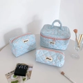 Three-piece light blue gingham quilted cosmetic bag set with pink bow pattern detail - L / Light Blue