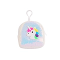 Detail of sequin unicorn coin purse with 3D rainbow charm and white hanging hook - White