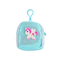 Close-up of blue sequin unicorn mini pouch with silicone patch and plastic hook - Blue