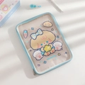 Detail view of transparent Pompompurin iPad sleeve with blue trim and mesh compartment - Blue / 11"