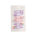 Detailed view of 6-piece unicorn and rainbow hair clips on white card packaging - Unicorn and Rainbow
