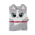 Plush cat diary with large embroidered eyes and secure metal lock in grey and white - Gray