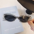 Vintage oval kids sunglasses in transparent grey frame with dark lenses and metal rivets - Transparent Gray
