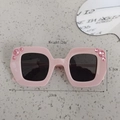 Pink candy-colored square kids sunglasses with sparkling rhinestones on the frame - Pink
