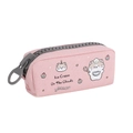 Detail of pink canvas pencil case showing large gray zipper and cute cat illustrations - Pink