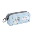 Detail view of the large zipper and cute cartoon penguin print on the blue canvas pencil case - Blue