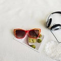 Fashionable cat eye sunglasses in bold red and yellow contrast frames with brown lenses - Red Light Tea