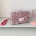 Pink leopard plush makeup bag with zipper closure and soft faux fur carrying strap - Light Pink