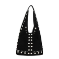 Sac hobo rétro en daim noir avec clous en métal argenté pour un style rock et branché - Noir