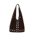 Sac hobo rétro en daim marron avec rivets argentés et forme de lune en demi-cercle - Marron