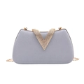 Silver evening clutch bag with sparkling fabric, rhinestone V-buckle and gold chain - Silver Gray