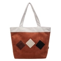 Chic rust-red tote bag with cream corduroy trim and geometric diamond patchwork detail - Brown