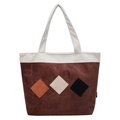 Brown suede tote bag with cream corduroy trim and colorful geometric diamond patchwork - Coffee