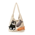 Sac fourre-tout en peluche blanche avec broderie chat noir et décors de poissons - Blanc