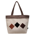 Chic beige suede bucket bag with brown corduroy handles and diamond patchwork pattern - White