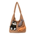 Sac fourre-tout en polaire nounours marron avec broderie chat et pendentifs en poisson - Kaki
