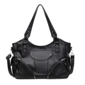 Black PU leather tote bag with silver star rivets and functional side pockets for women - Black