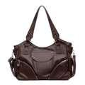 Dark brown large tote bag in lychee grain PU leather with star rivets and side pockets - Brown