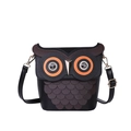 Cute owl-shaped crossbody bucket bag in black synthetic leather with rhinestone eyes - Black