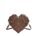 Bruine hartvormige schoudertas met wit spinnenweb borduursel en metalen ketting - Bruin