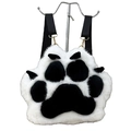 Cute 3D cat paw plush backpack with black and white faux fur and adjustable straps - White