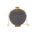 Clutch tonda nera con strass, montatura in metallo dorato e tracolla a catena - Nero