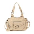Beige faux leather rivet bucket bag with silver hardware and multi-zipper detail - White