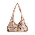 Retro light beige shoulder bucket bag with silver rivet details and a crescent shape - Khaki