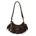Borsa a spalla marrone scuro multitasche con cuciture a contrasto e fibbie in metallo argento - Marrone