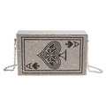 Silver rhinestone evening clutch with Ace of Spades poker pattern and metal chain strap - Silver