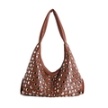 Brown faux leather hobo bag with silver star rivets and retro crescent shape design - Brown