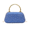 Elegant blue rhinestone clutch bag with gold bamboo metal handle and chain strap - Blue