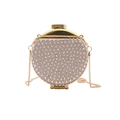 Mini borsa da sera rotonda color champagne con strass scintillanti e tracolla a catena - Marrone