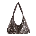 Dark brown faux leather hobo shoulder bag with stylish silver metal rivet studs - Brown