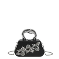 Elegant black evening clutch with rhinestone floral design and silver metal handle - Black