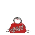 Elegant red evening handbag with crystal floral applique and silver metal handle - Red