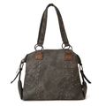 Dark gray canvas tote bag featuring metallic rivets and brown leather handles - Black