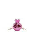 Mini metallic fuchsia drawstring bag with golden chain strap on a white background - Pink