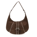 Borsa a mezzaluna vintage in pelle marrone con borchie argento e dettaglio fibbia - Marrone